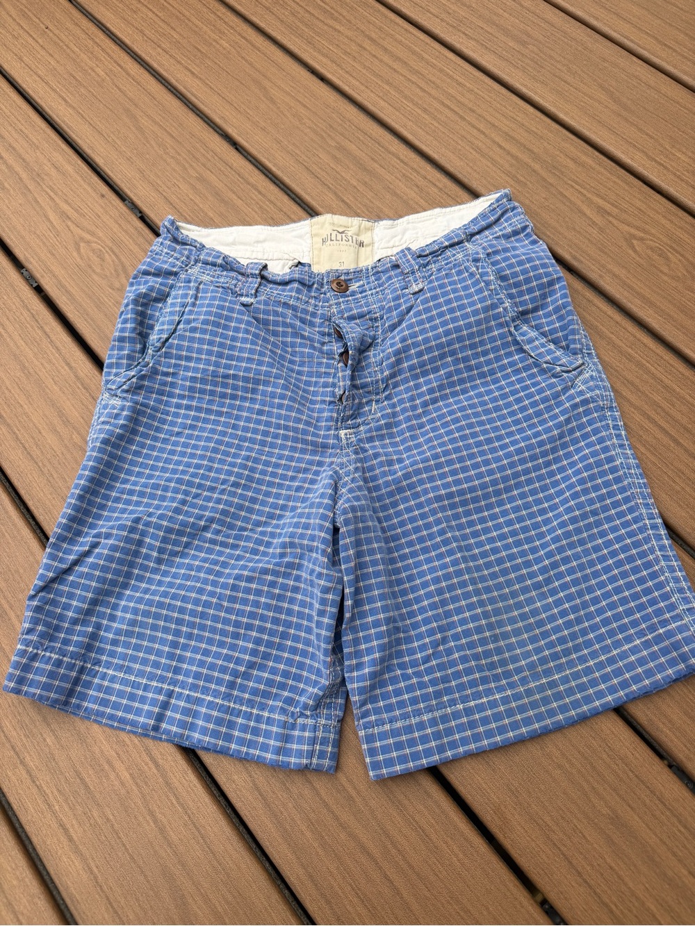VINTAGE Hollister Light Blue Checked Men’s Flat-Front Shorts
